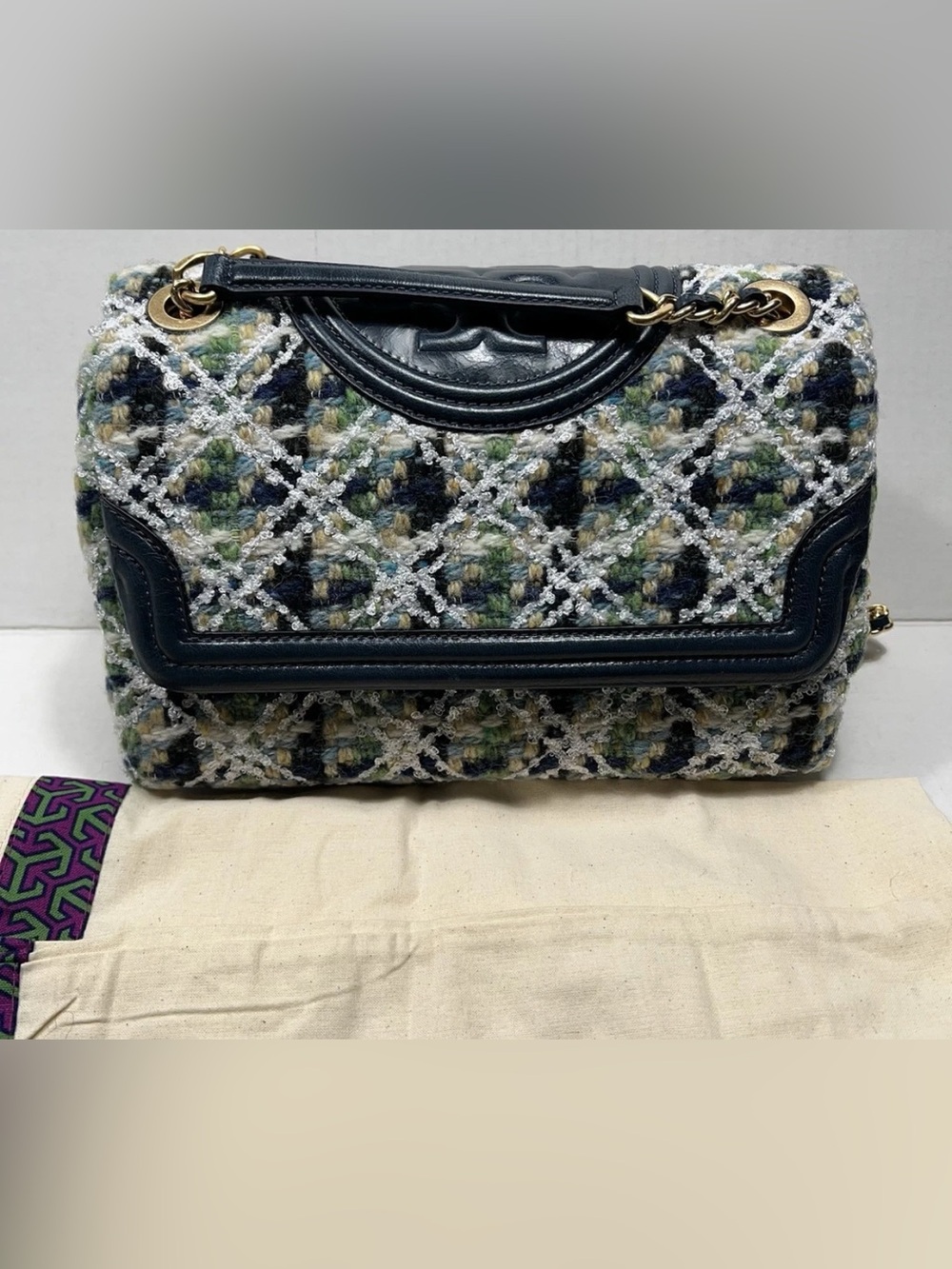 NEW Tory Burch Soft Fleming Green Tweed Convertible Shoulder Bag/Crossbody Bag